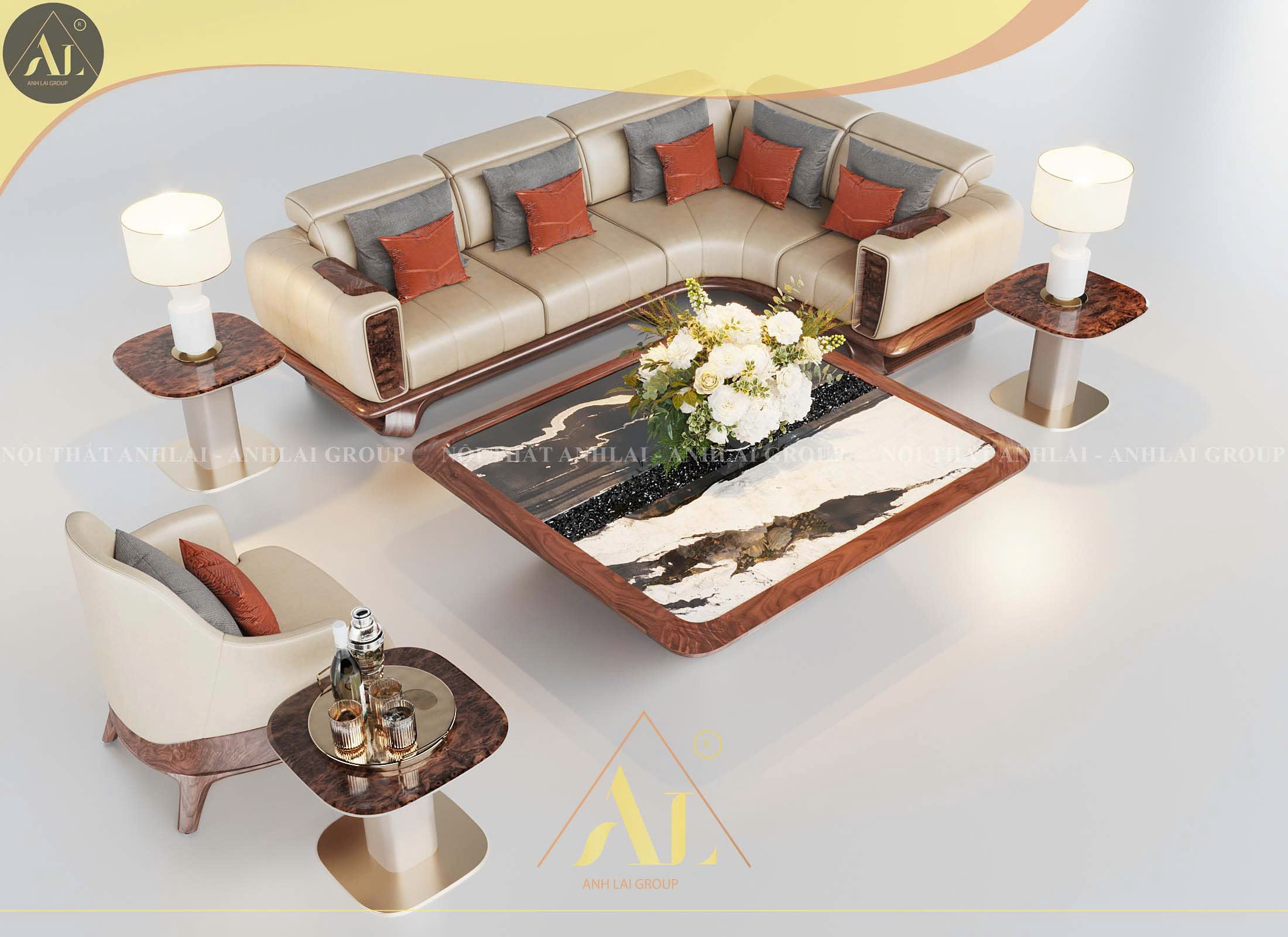 Bộ Sofa Gỗ óc chó Góc L Cho Nhà Phố 2025 